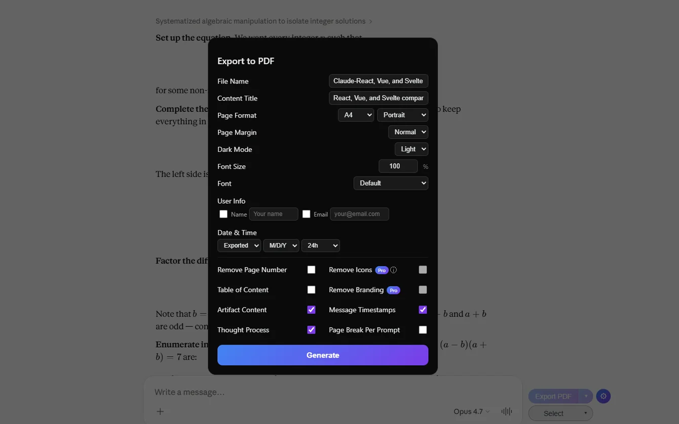 Extension Customize panel showing filename, page format, theme, font and ToC options