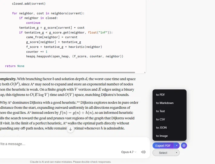 Format picker showing PDF, Markdown, Text, CSV, JSON and Image options