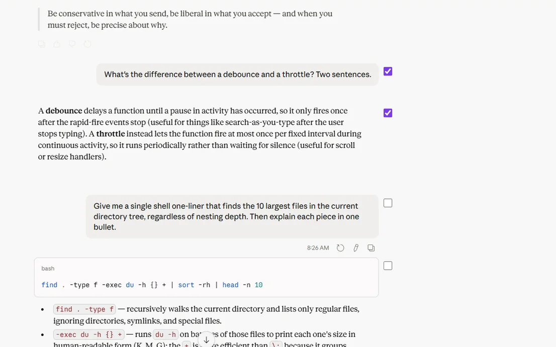 Multiple Claude messages with their checkboxes ticked, ready to export only what's selected